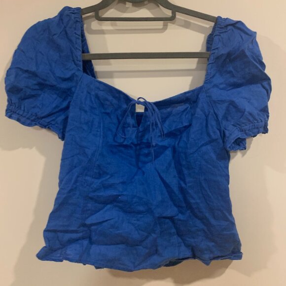 Blue linen puff sleeve t-shirt - Picture 1 of 2